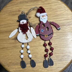 Christmas Ornament Santa with Hat And Snowman Beaded Legs Set Of 2 Wooden